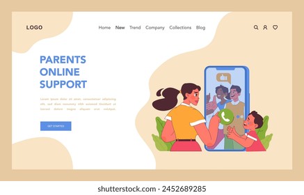 Parents online support web or landing. Distressed mother and crying child video calling family or friends via smartphone, bridging distances with technology. Seeking help. Flat vector illustration