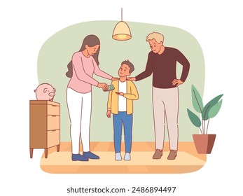 Parents pay son money for help or good grades. Kids financial literacy, young economist, pocket expenses, save in piggy bank, children budget cartoon flat isolated vector accumulation concept