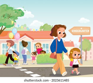 Parents pick up kids from kindergarden. Mother with daughter cross road, street by pedestrian crossing, crosswalk nearby local daycare center. Parents picking children from preschool on summer day