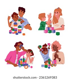 Parents play with child set. Happy mom and dad play, build towers with kids and spend time together. Family and parenthood concept. Cartoon flat vector collection isolated on white background