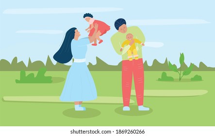 Parents play with children in nature, mom holds daughter in her arms, and father of son, family happiness, vector illustration in flat style