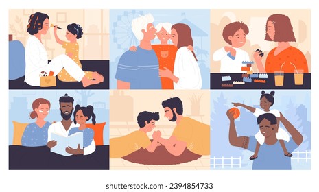 Parents play with kids together set vector illustration. Cartoon mother playing toy blocks with little son, arm wrestling game of dad and boy, dad reading book for family, makeup of mom and daughter