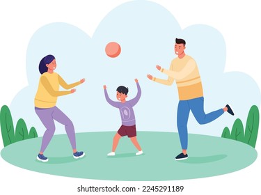 Parents playing ball with kid in summer outdoor scene isolated on white background