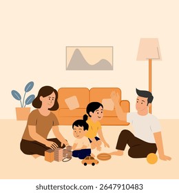 Parents playing building block with their children in a cazy living room,Domestic activity concept,Modern vector flat design,minimal interior