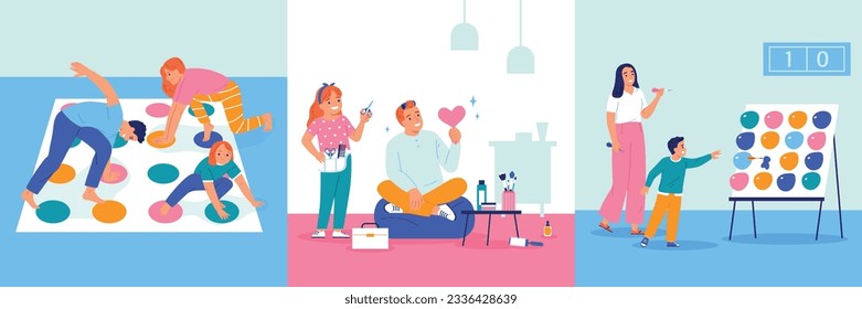 Padres jugando y haciendo divertidas actividades de ocio con sus hijos conjunto plano e ilustración vectorial aislada