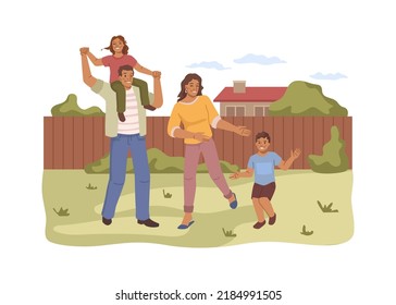 Parents playing with kids at backyard at home. Happy family spending time together, father and mother with daughter and son. Flat cartoon, vector in flat style