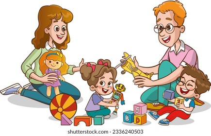 parents playing with kids at home. Educational toys. Children playing designer cubes, developmental constructor, sorter.