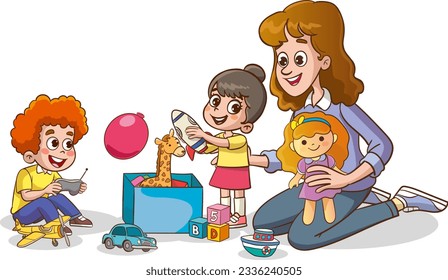 parents playing with kids at home. Educational toys. Children playing designer cubes, developmental constructor, sorter.