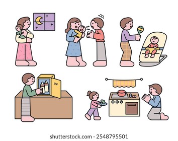 Parents are playing with their babies, putting them to sleep, and feeding them milk. outline simple vector illustration.