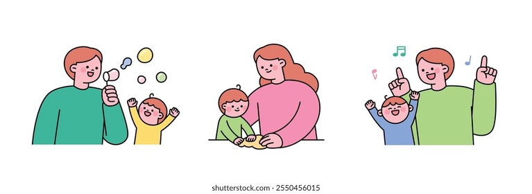 Parents playing with their children. Playing with bubbles, clay, dancing. Cute outline characters.