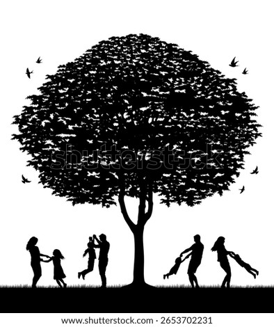 Parents playing with their children under the big tree in park outside silhouettes. Family having fun together recreational outdoor activities silhouettes.	