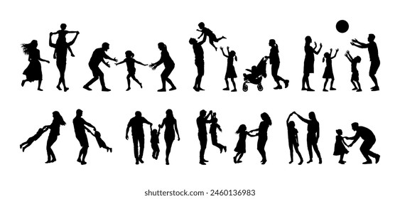 Parents playing with their kids children outdoors silhouette set.	