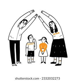 Parents pose with their arms over their children's heads to protect them. Hand drawing vector illustration line art.