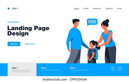 Parents preparing cute daughter to school. Love, study, backpack flat vector illustration. Education and parenthood concept for banner, website design or landing web page