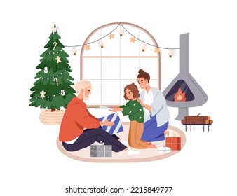 Parents presenting Christmas gift to child, daughter. Mother, father, girl kid opening Xmas surprise box at home. Happy family on winter holiday. Flat vector illustration isolated on white background