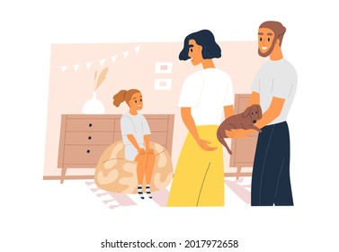 Parents presenting pet to happy kid. Mother and father holding surprise for child. Mom and dad with dog present for daughter. Flat vector illustration of animal gift isolated on white background