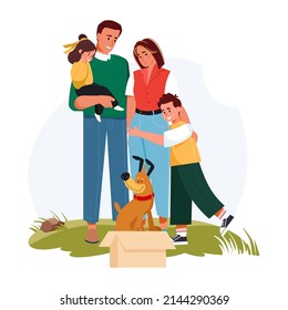 Parents presenting pet to kids flat vector abstract illustration. Happy family adopting dog. Little girl aтв boy greeting new friend. Charity and animal adoption concept. Mom and dad with dog present