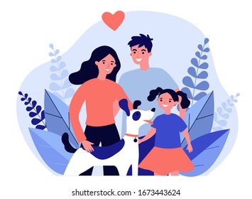 Parents presenting pet to their child flat vector abstract illustration. Happy family adopting dog. Little girl greeting new friend. Charity and animal adoption concept.