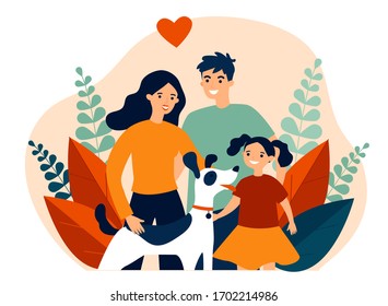 Parents presenting pet to their child flat vector abstract illustration. Happy family adopting dog. Little girl greeting new friend. Charity and animal adoption concept.