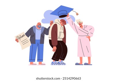 Parents pressure on teenager, want high results in education, success. Unreasonable expectation in academic achievements. Family problems. Flat isolated vector illustration on white background