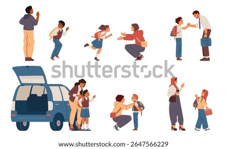 Parents and primary school children flat vector illustrations set isolated on white. Parents escorting children in uniform to school and meeting from school.
