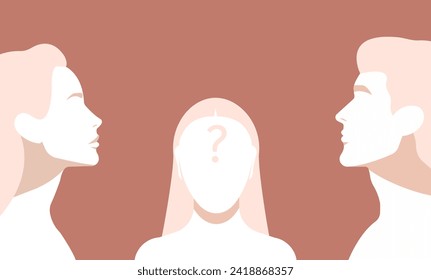 Parents profiles and girl portrait in between. Confused girl with question mark in her head. Symbol of complexity and uncertainties of family relationships. Parenthood and child issues.