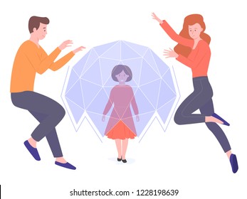 Parents protect their child from harm. Protection from germs, happy childhood, competent parenting. Daughter under a safe dome, mom and dad on guard outside. Vector illustration.