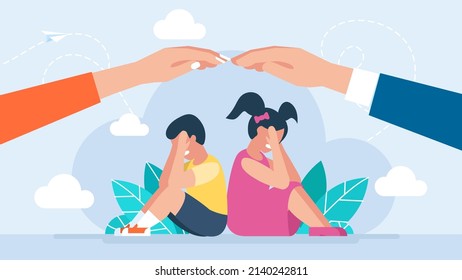 Parents protect their children from danger. The concept of family importance. Little boy and girl sitting on the floor and crying. Parents take care of the children. Child protection. Flat set. Vector