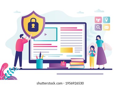 Parents Provide Safe Internet For Daughter. Father Blocks Prohibited Content. Mom And Dad Using Content Control Software. Restricted Access For Child. Parental Control Concept.Flat Vector Illustration