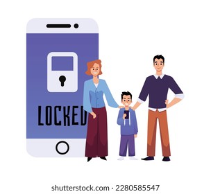 Parents providing safe internet for child, flat vector illustration isolated on white background. Kids smartphone with locked sign. Restriction of inappropriate content on social media. svg