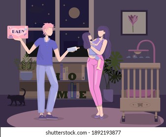 Parents Put The Child To Bed. Flat Vector Illustration. Baby, Mom And Dad At Night In The Bedroom With A Cradle. Parents Take Care, Feed And Change The Diaper Of Their Daughter. Happy Family. Cozy