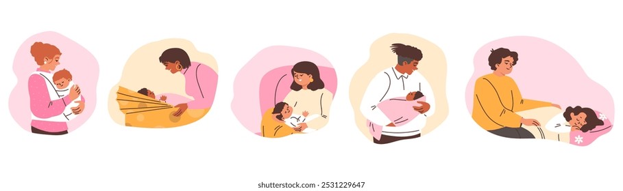 Parents put their children to bed. Set. Mom rocks baby in her arms. Woman sings a lullaby. Father adjusts his daughter's blanket. Parenthood concept. Vector illustration isolated on white background.