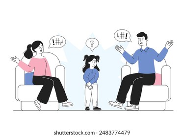 Parents quarrel concept. Man and woman yell at each other. Kid look at angry parents. Negative feelings and emotions. Problems in relationships, conflict. Linear vector illustration