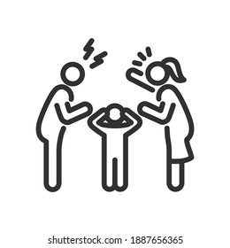 Parents Quarrel, A Frightened Child Covers His Ears With His Hands. Husband And Wife Fight, Linear Icon. Line With Editable Stroke