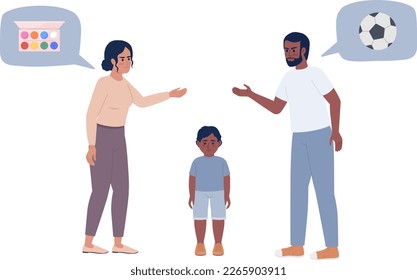 Parents quarreling about boy kid interests semi flat color vector characters. Editable figures. Full body people on white. Simple cartoon style spot illustration for web graphic design and animation