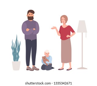 Parents quarreling or fighting in presence of little son. Married couple shouting at each other. Problem or conflict in family. Unhappy marriage and divorce. Flat cartoon vector illustration.