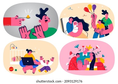 Parents raise upbringing children, feed and play with offspring at home. Yougn mother and father take care of kids. Giving birth and childcare. Parenthood problem and stages. Vector illustration. Set.