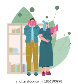 parents read books. a man and a pregnant woman read books against the background of plants and a large bookcase. illustration in flat style