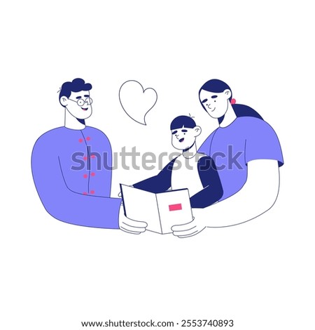 Parents Reading Book With Child In Flat Vector Illustration Symbolizing Family Bonding, Education, And Love, Isolated On White Background.