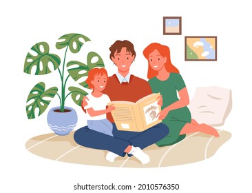 Parents reading book to kid, happy parenting, child, mother and father sitting together