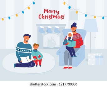 Parents Reading Books with Children on Christmas Eve at Home. Winter Holidays Happy Characters near Fireplace. Father Read Book for Son. Vector illustration