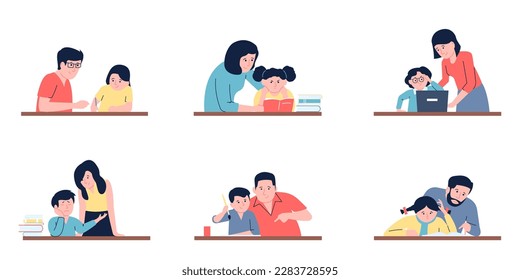 Parents reading and support teaching child. Mother or teacher, family doing homework together. Adults explain to children, recent vector education scenes