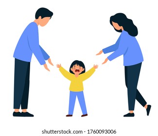 Parents reassure a crying baby. A man and a woman are standing next to a little girl. Illustration on a white background.