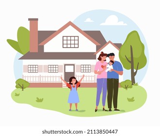 Parents rejoice with children. Man and girl walk with kid in their arms. Fresh air, nature and park. City streets and buildings. Strong relationships, child care. Cartoon flat vector illustration