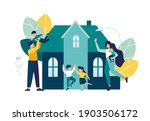 Parents rejoice with their children stand next to a new house, mortgage for a young family on real estate, investment in housing, vector illustration 