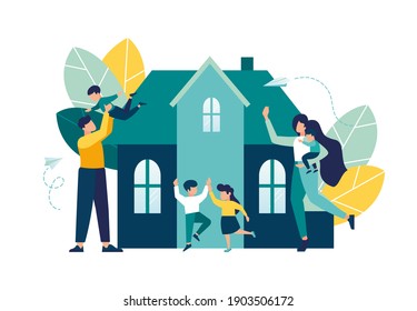Parents rejoice with their children stand next to a new house, mortgage for a young family on real estate, investment in housing, vector illustration 