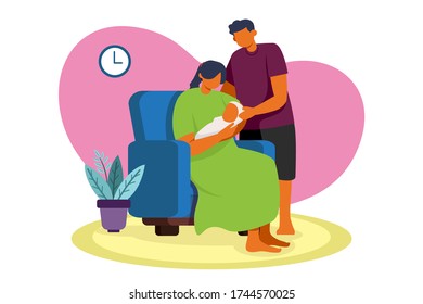 Parents Relaxing With Their Baby, Mother with Daughter Sitting on The Sofa, Modern Flat Illustration