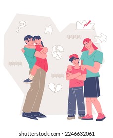 Parents resolve conflict and calm upset children. Responsible loving parents supporting their kids in stress. Teenagers crisis help and support, flat vector illustration isolated on white background.