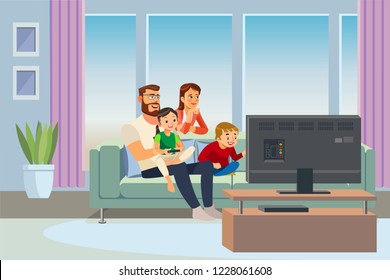 Parents Resting at Home with Kids Cartoon Vector Illustration. Father and Mother Sitting on Sofa in Living Room, Watching TV, Playing Video Game with Son and Daughter. Family Day Out. Happy Parenthood