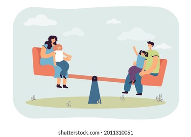 Parents riding carousel with daughters. Family having time together, spending time outside on playground flat vector illustration. Parenthood, recreation concept